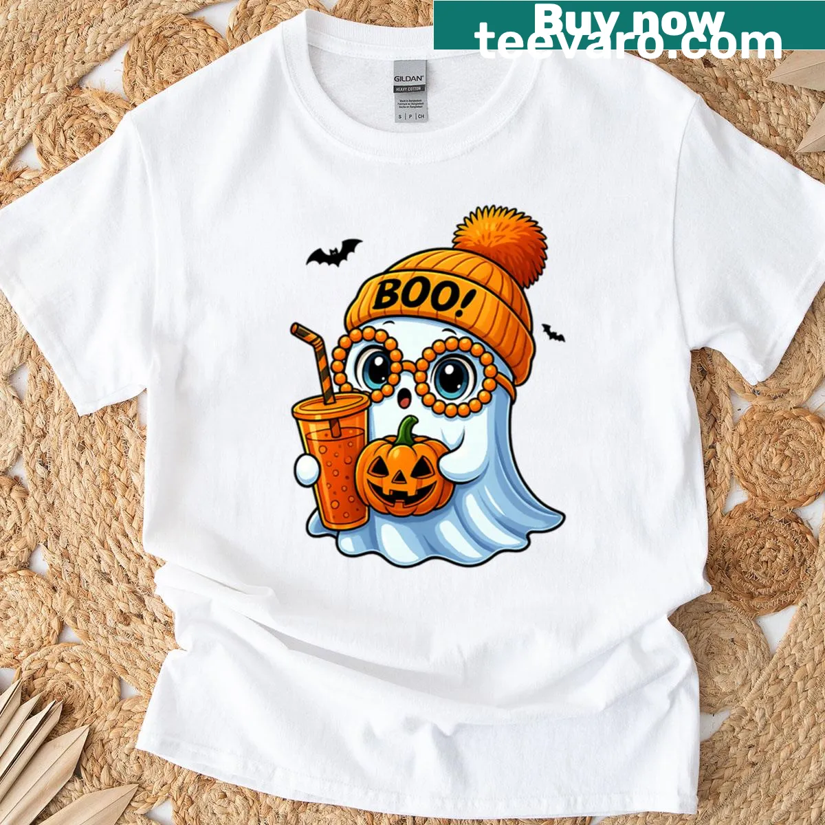 Adorable cartoon ghost graphic on a playful Halloween t-shirt — on a men's t-shirt
