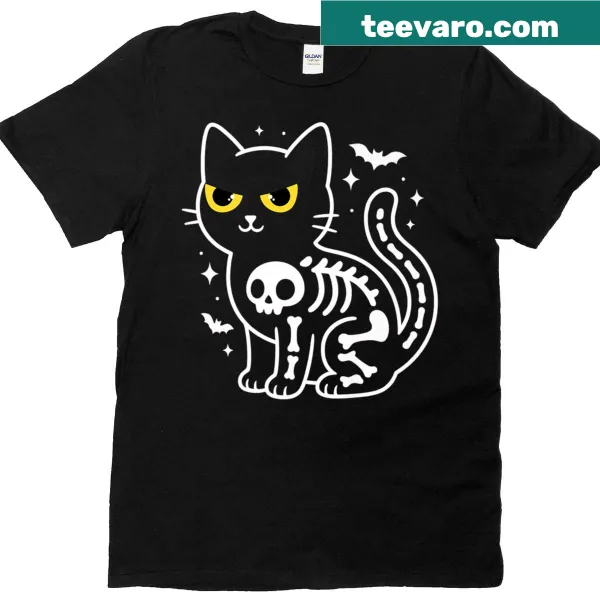 Adorable cat skeleton graphic for Halloween, designed in a cute style