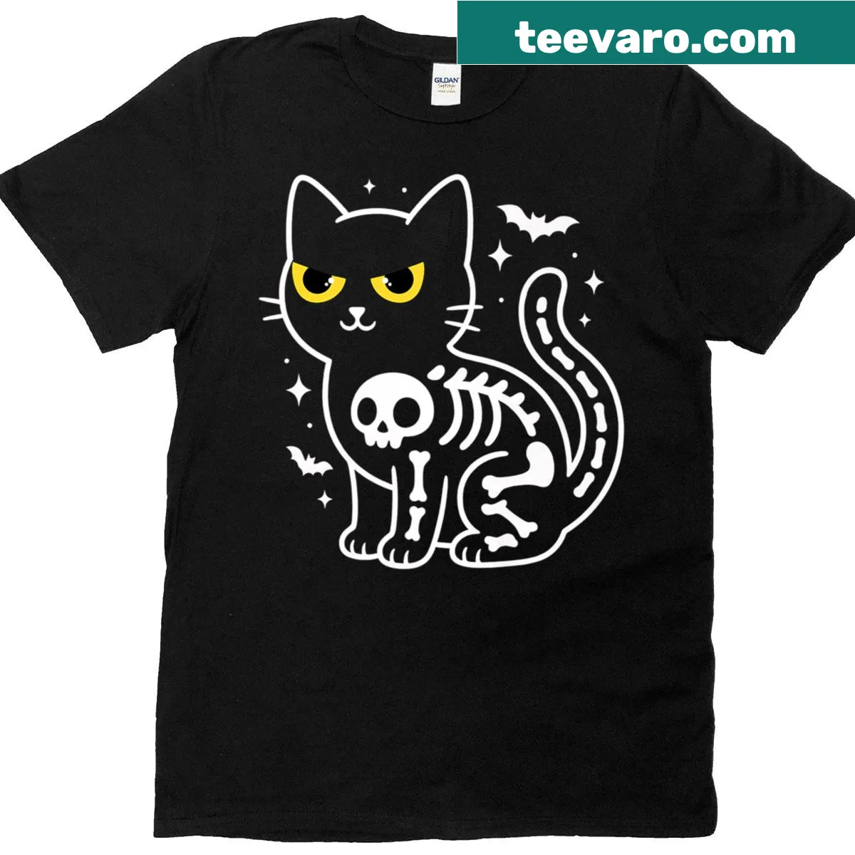 Adorable cat skeleton graphic for Halloween, designed in a cute style — on a men's t-shirt