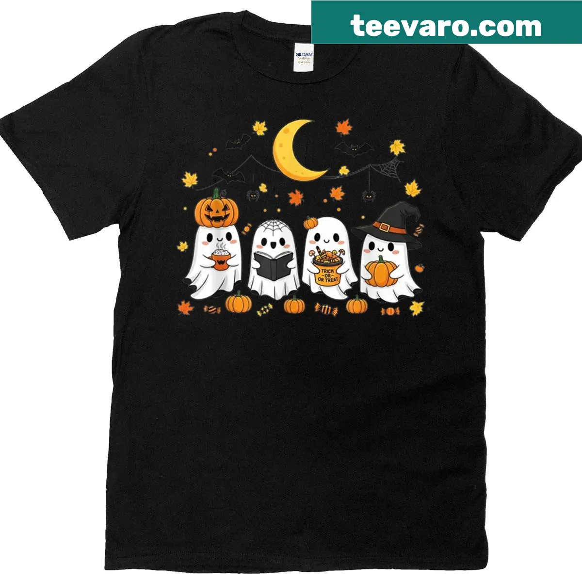 Cute ghost holding a coffee cup surrounded by books and Halloween motifs — on a men's t-shirt