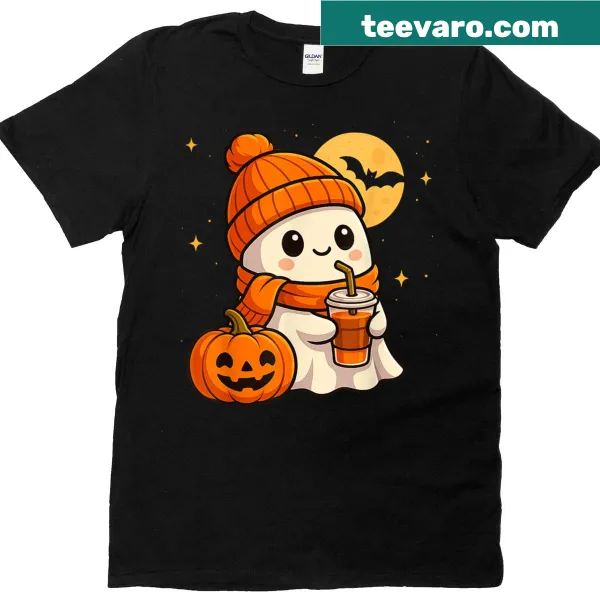 Cute ghost sipping from a pumpkin for Halloween, illustrated in a playful style