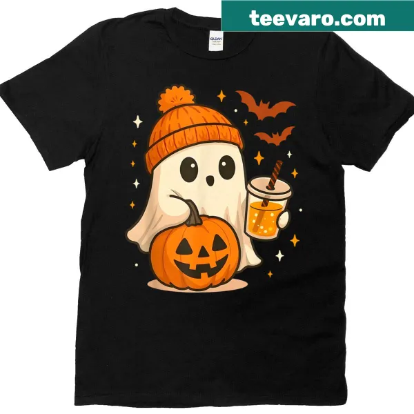 Cute ghost enjoying a pumpkin spice drink for Halloween