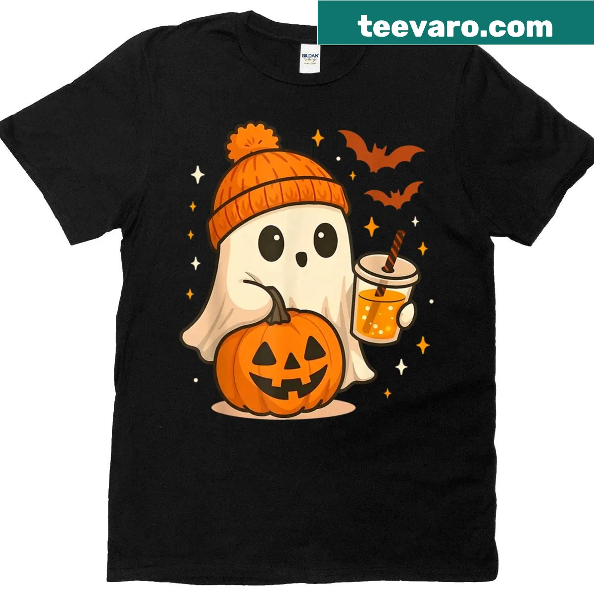 Cute ghost enjoying a pumpkin spice drink for Halloween — on a men's t-shirt