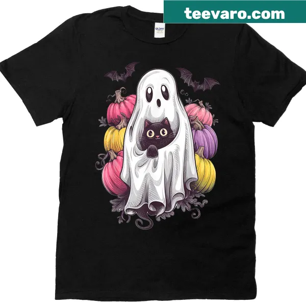 Funny Halloween t-shirt with a ghost holding a cat and pumpkins.