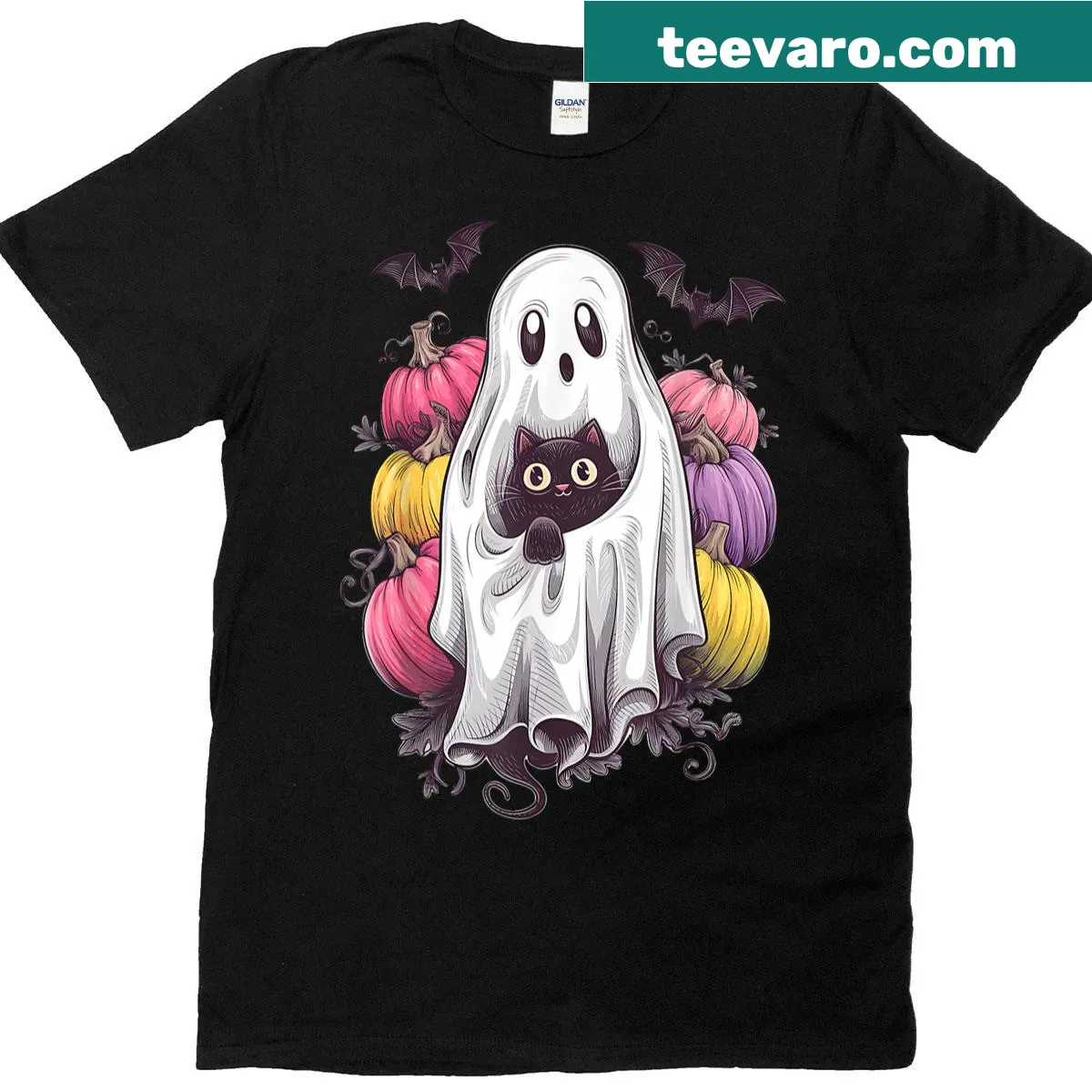 Funny Halloween t-shirt with a ghost holding a cat and pumpkins. — on a men's t-shirt