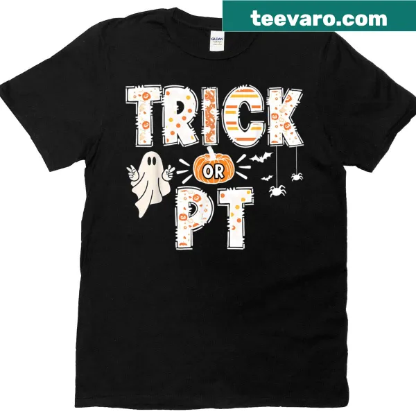 Cute ghost with pumpkin graphic on a Halloween-themed t-shirt.