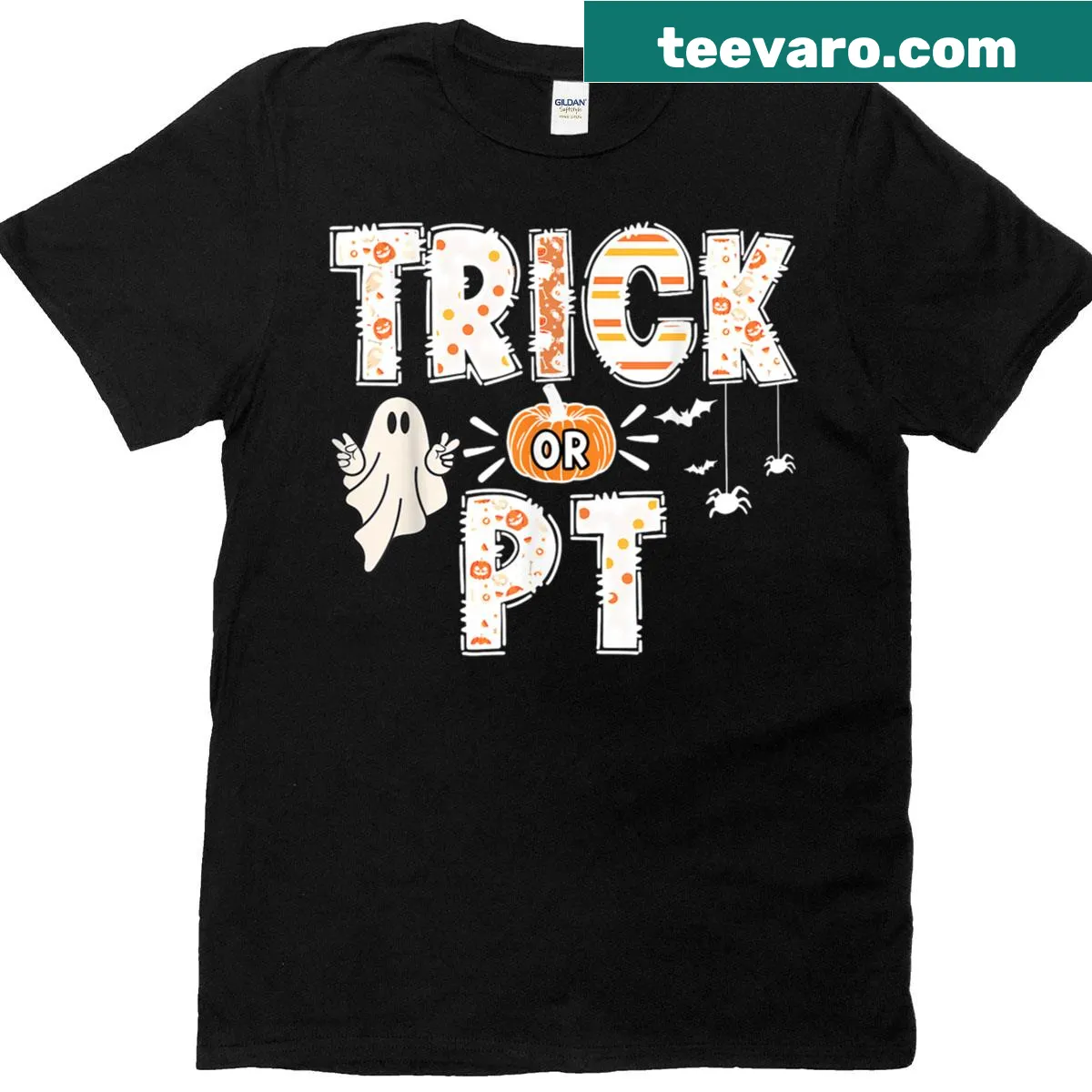 Cute ghost with pumpkin graphic on a Halloween-themed t-shirt. — on a men's t-shirt