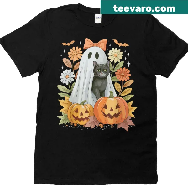 Cute ghost with a black cat, bats, and pumpkins in a festive Halloween design