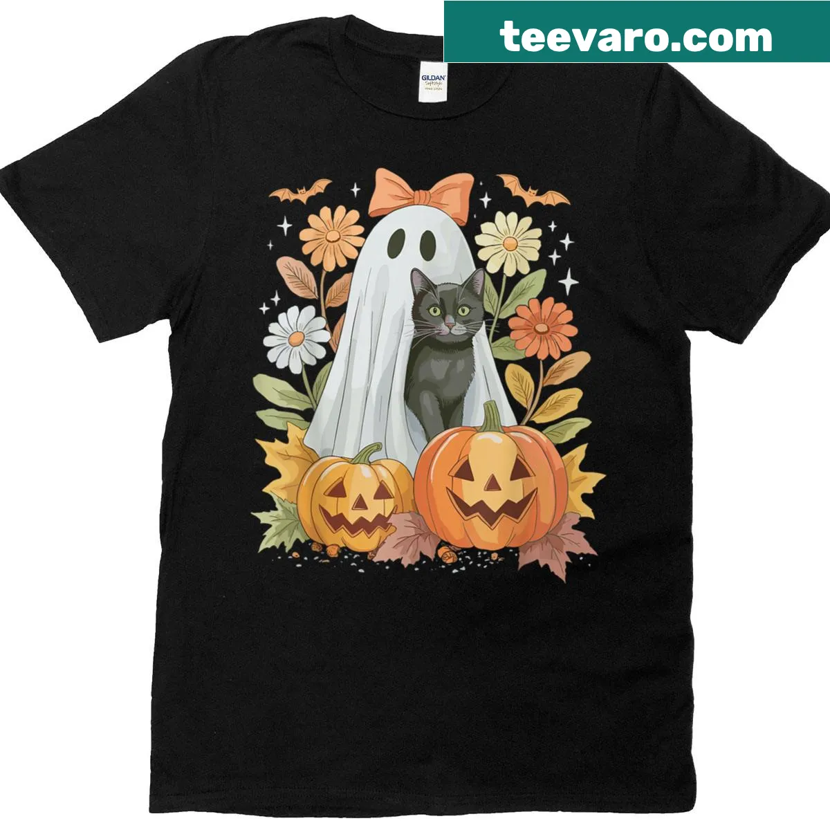 Cute ghost with a black cat, bats, and pumpkins in a festive Halloween design — on a men's t-shirt