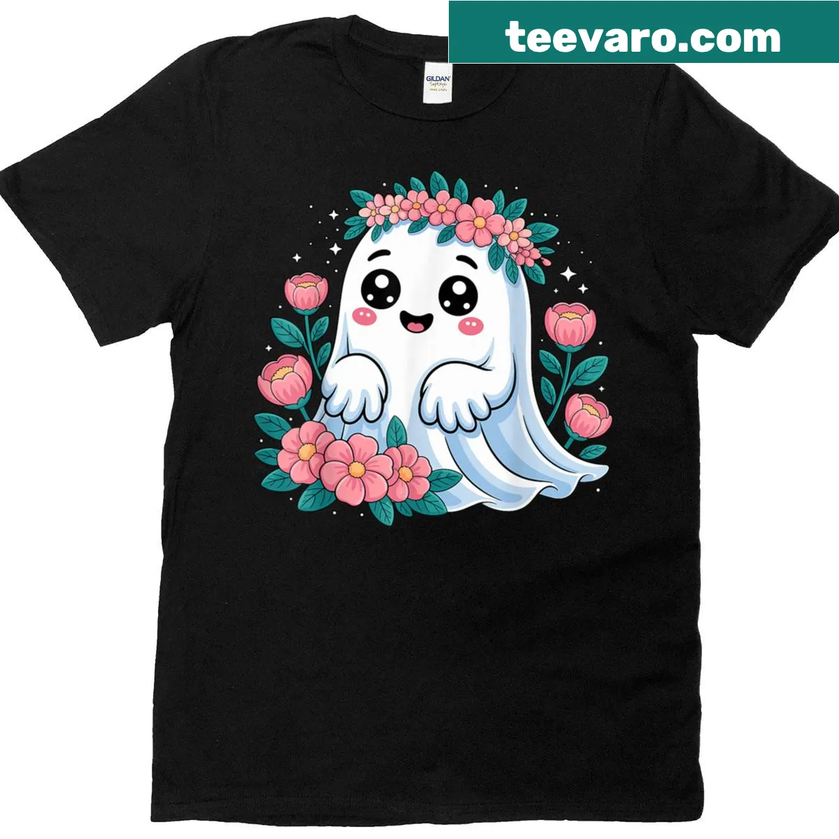 Cute ghost surrounded by flowers on a Halloween t-shirt. — on a men's t-shirt