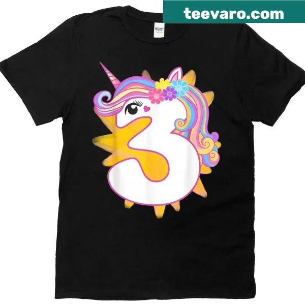 Unicorn-themed birthday t-shirt for a girl turning three years old.