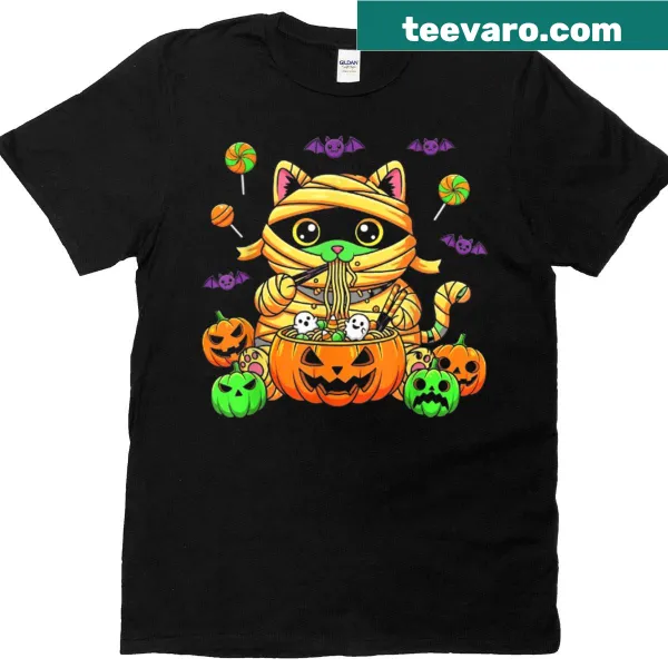 T-shirt featuring a cute cat eating ramen noodles with bats