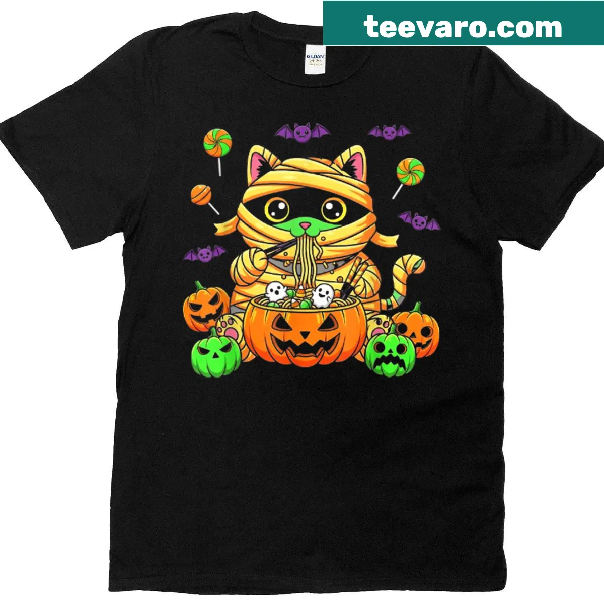 T-shirt featuring a cute cat eating ramen noodles with bats — on a men's t-shirt
