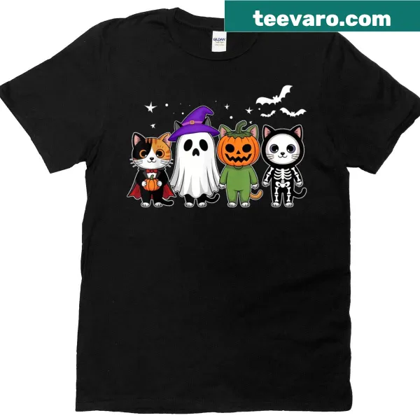 Cute Halloween T-shirt with a cat ghost, pumpkin, and skeleton