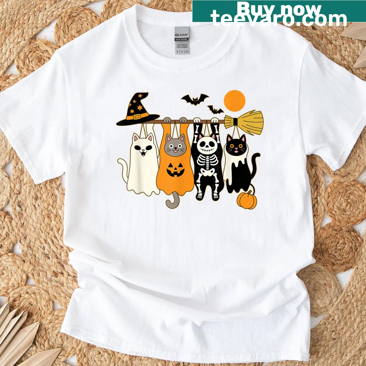 Cute Halloween cat ghost with pumpkins and skeleton graphic — on a men's t-shirt