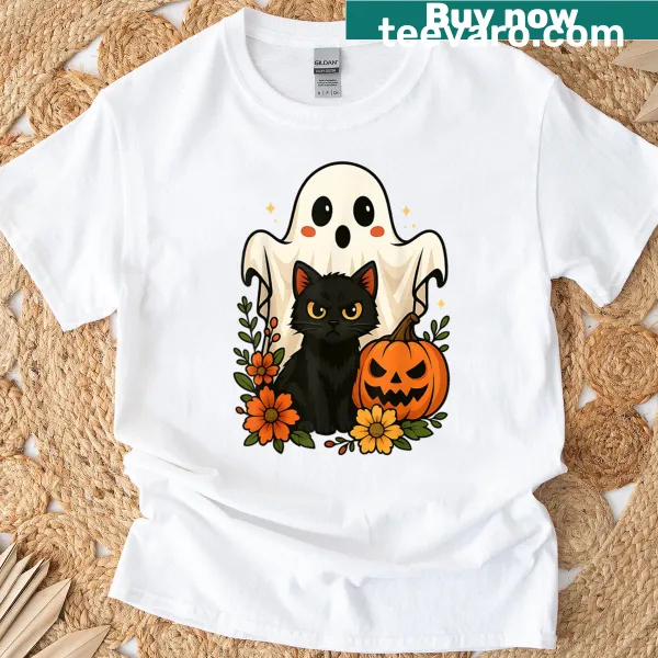 Cute Halloween shirt with a black cat, pumpkin, and ghost design