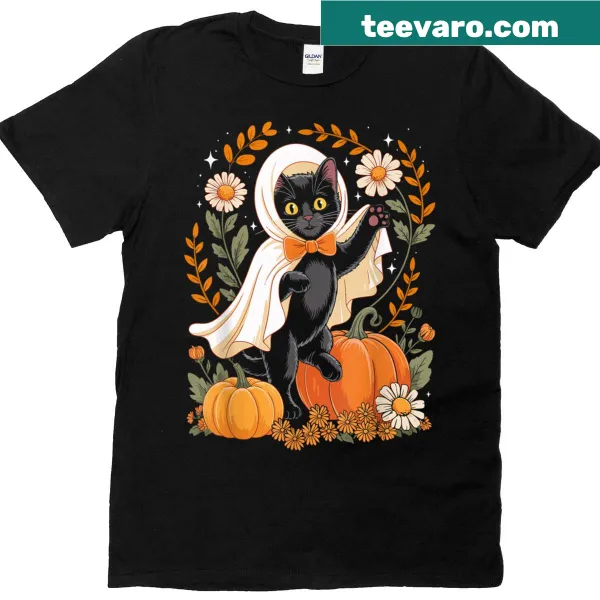 Vintage-style graphic featuring a ghost and black cat for Halloween.