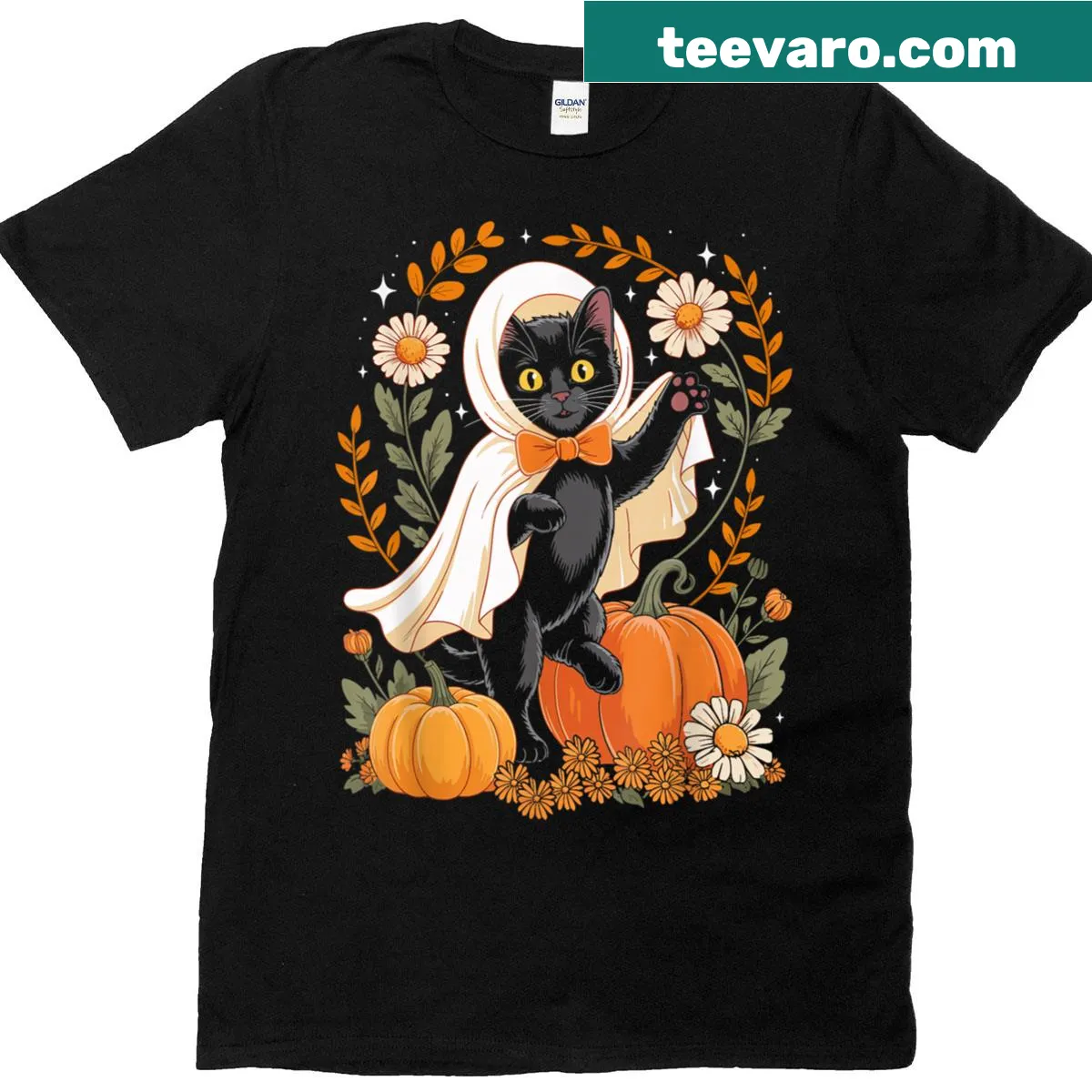 Vintage-style graphic featuring a ghost and black cat for Halloween. — on a men's t-shirt