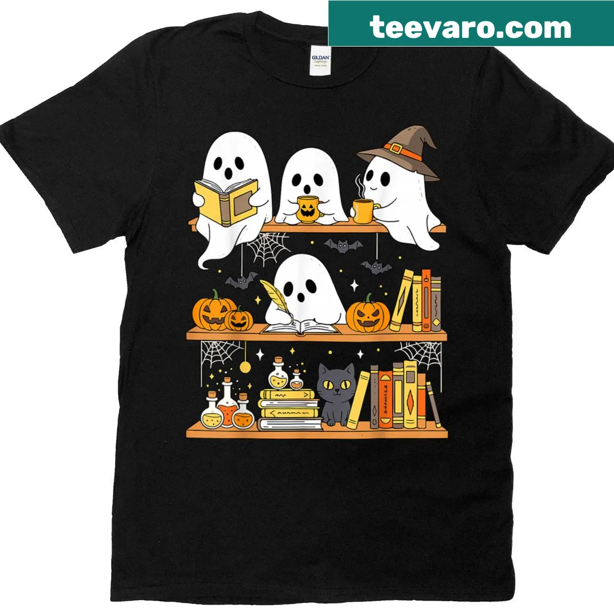Cute ghost and cat on a bookshelf Halloween t-shirt — on a men's t-shirt