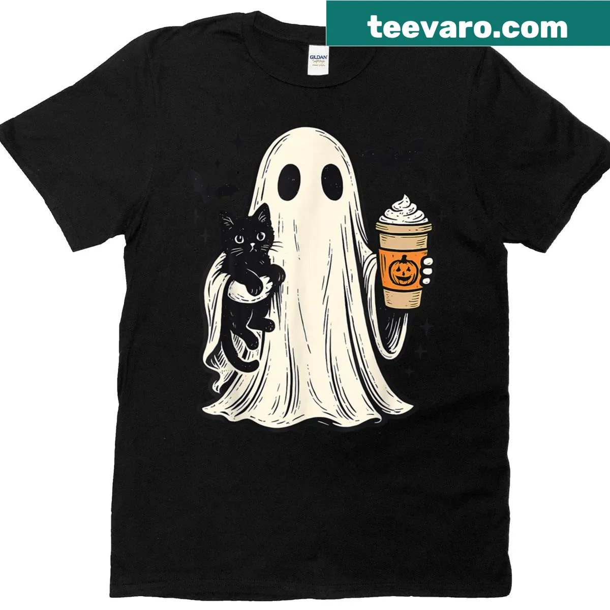 Adorable ghost holding a black cat and coffee in a Halloween T-shirt. — on a men's t-shirt