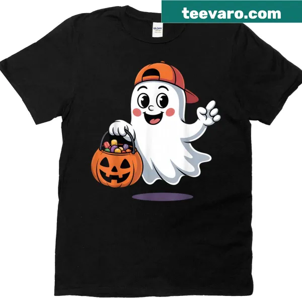 Friendly ghost with candy bucket on a Halloween t-shirt