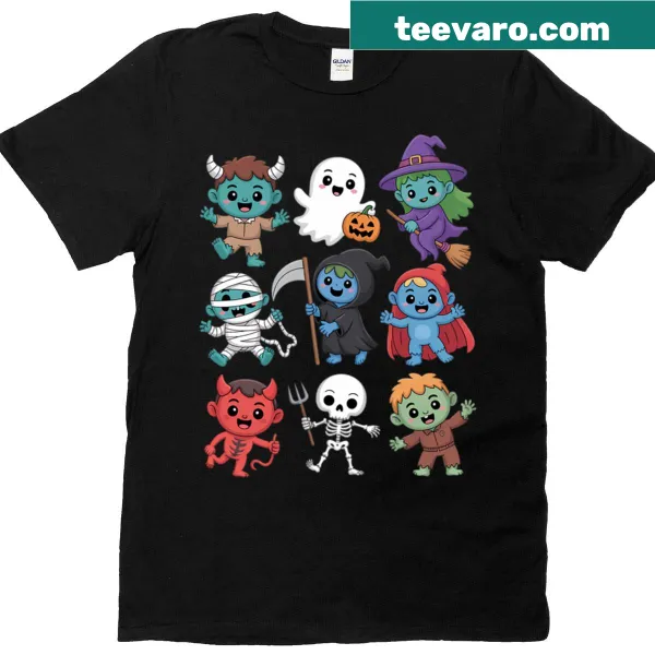 Cute T-shirt featuring friendly Halloween monsters