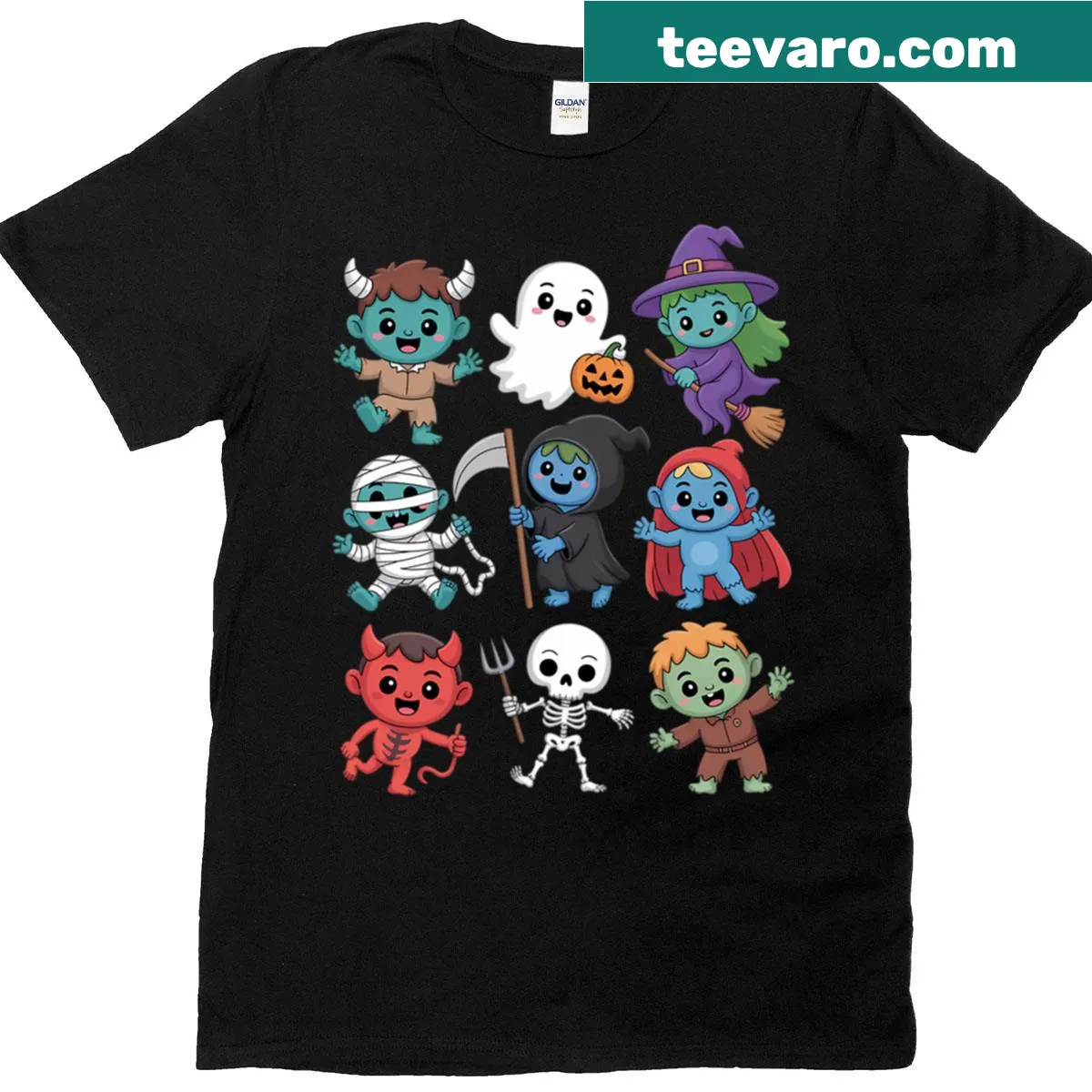 Cute T-shirt featuring friendly Halloween monsters — on a men's t-shirt