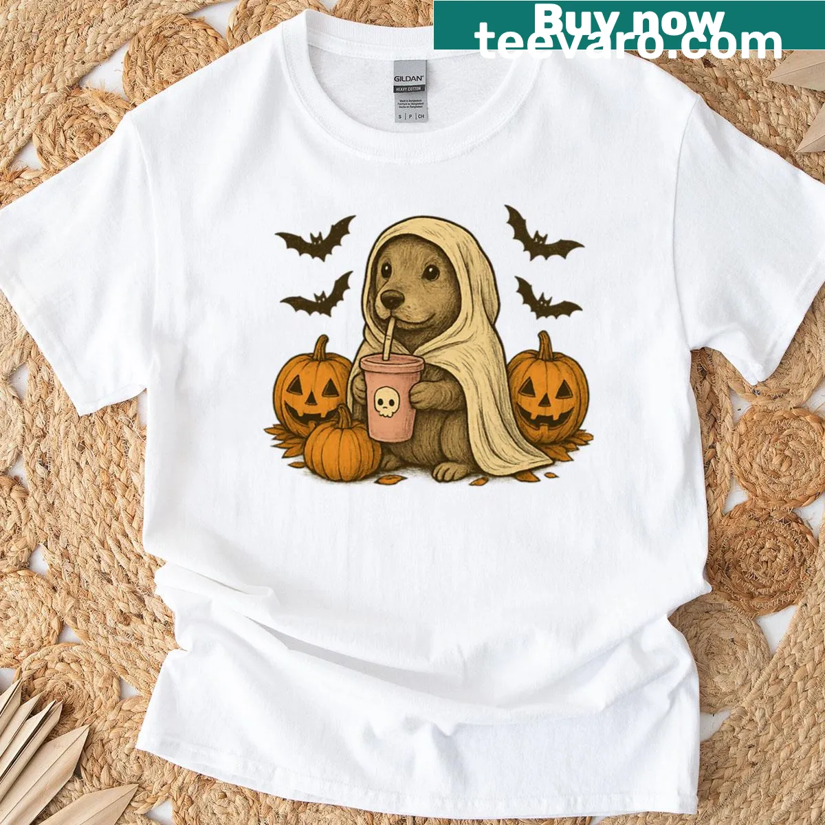 Cute Otterhound in ghost costume with pumpkins for Halloween — on a men's t-shirt