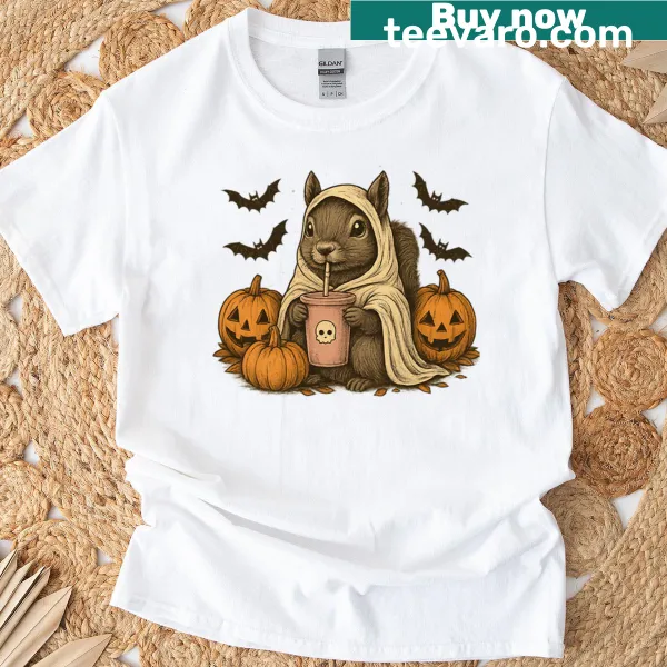 Cute Halloween squirrel drinking from a skull cup graphic