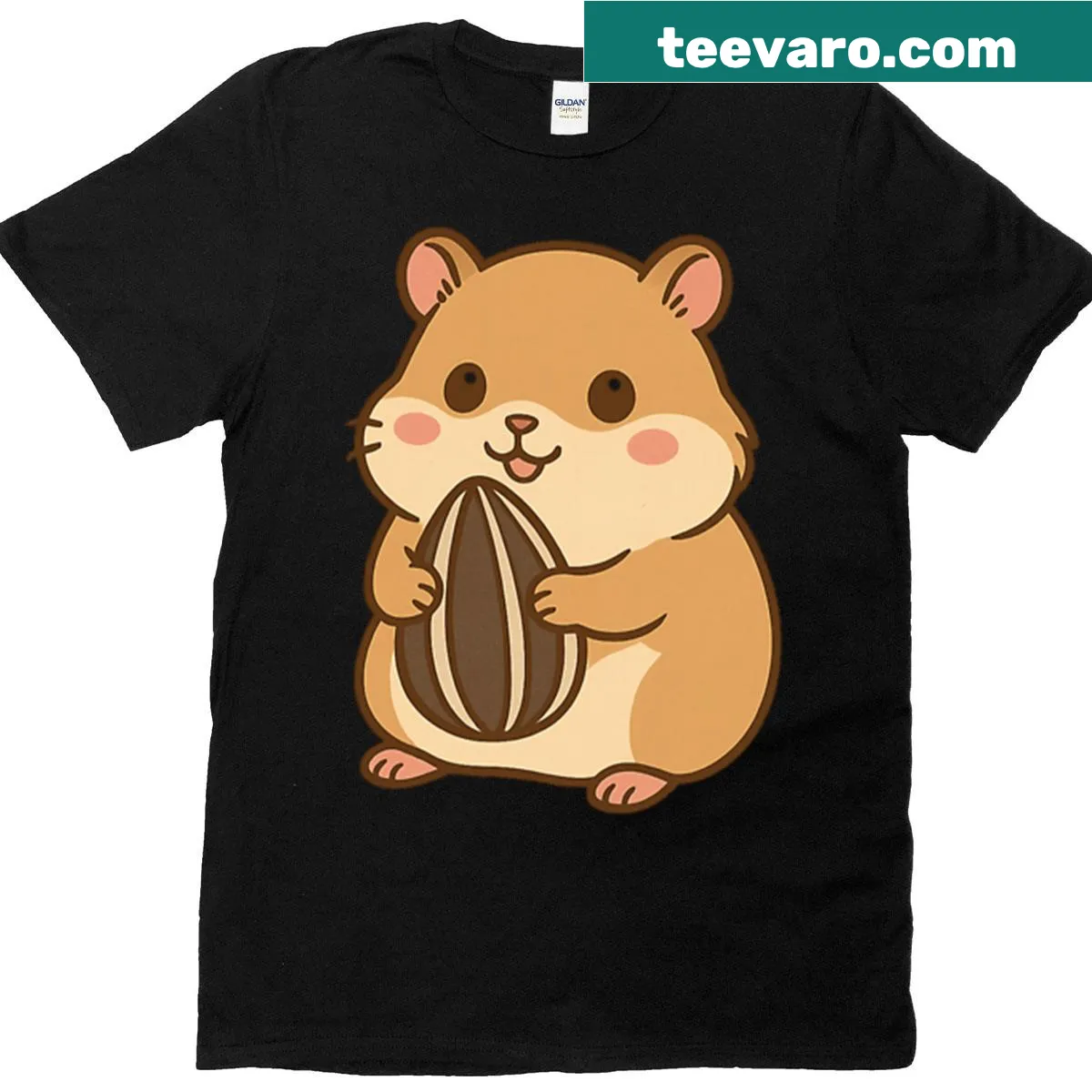 Cute hamster holding a sunflower seed in a playful design — on a men's t-shirt