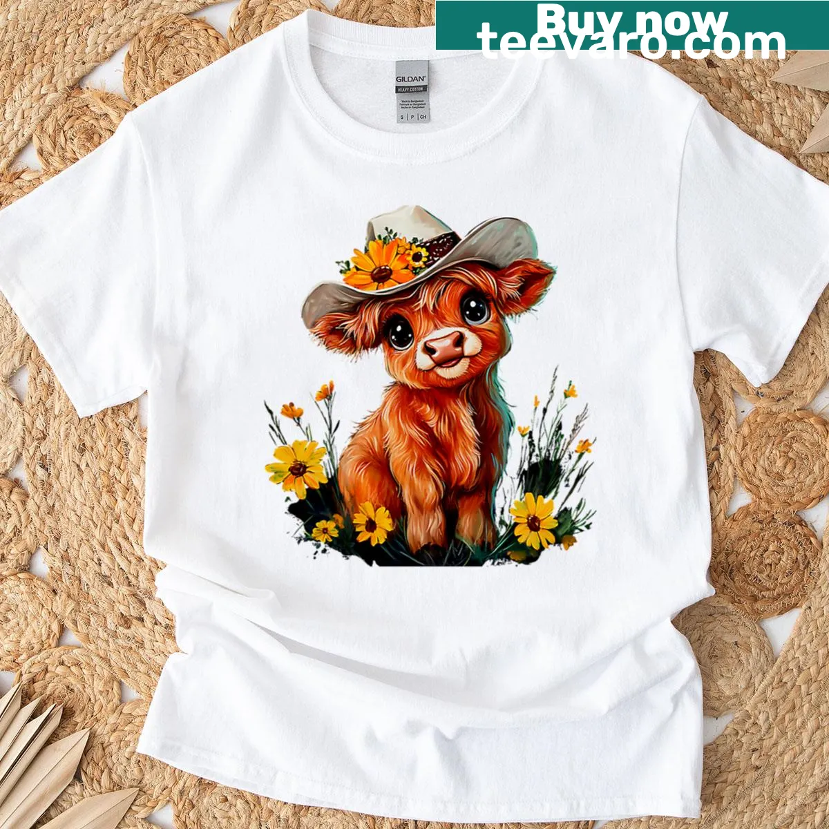 Highland cow illustration with floral design on a t-shirt — on a men's t-shirt