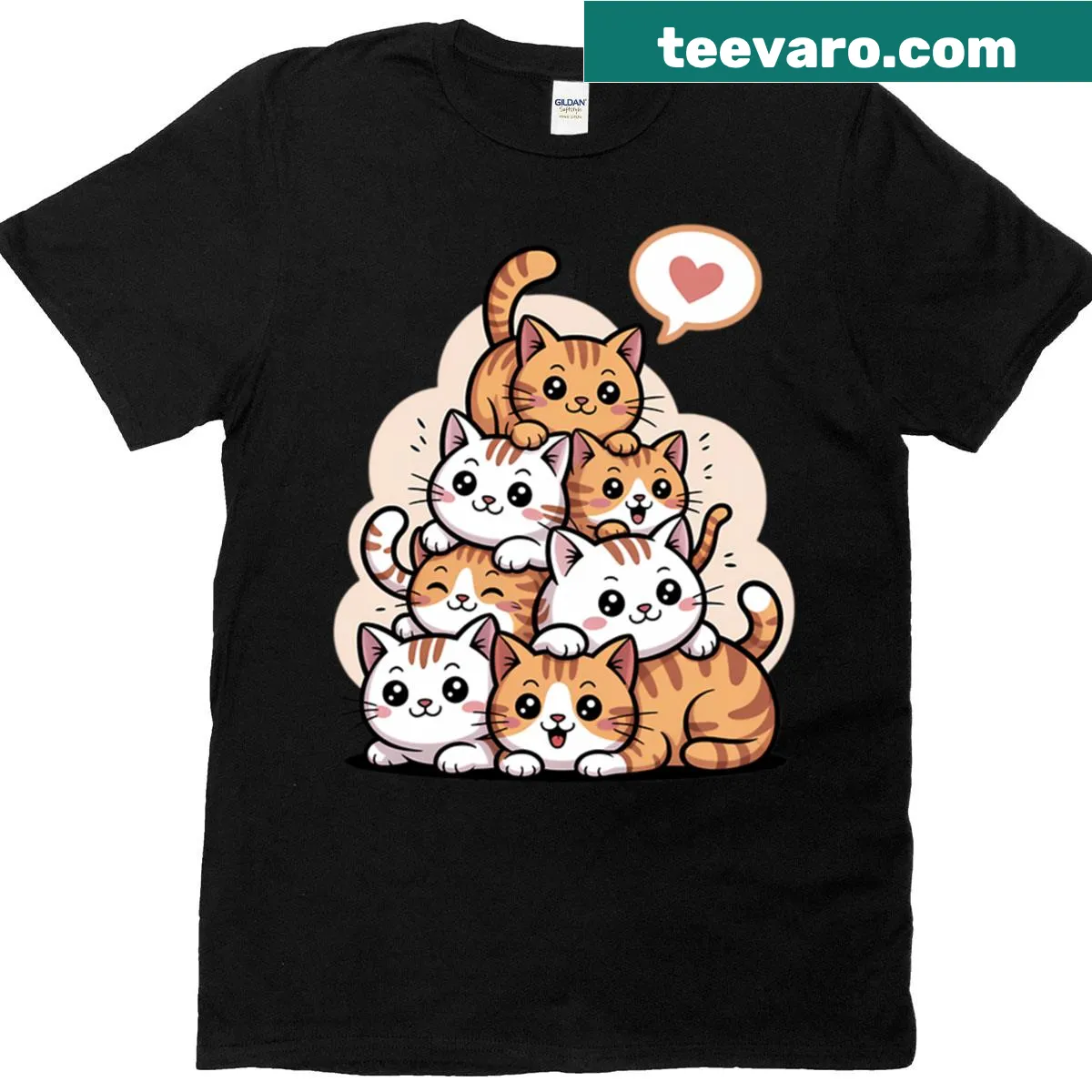 A pile of chibi-style cute cats in a playful design for kids — on a men's t-shirt