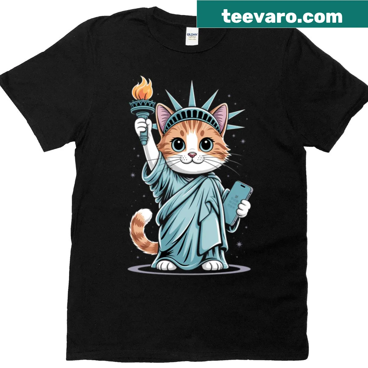 Kawaii cat dressed as the Statue of Liberty, celebrating NYC in a playful design — on a men's t-shirt