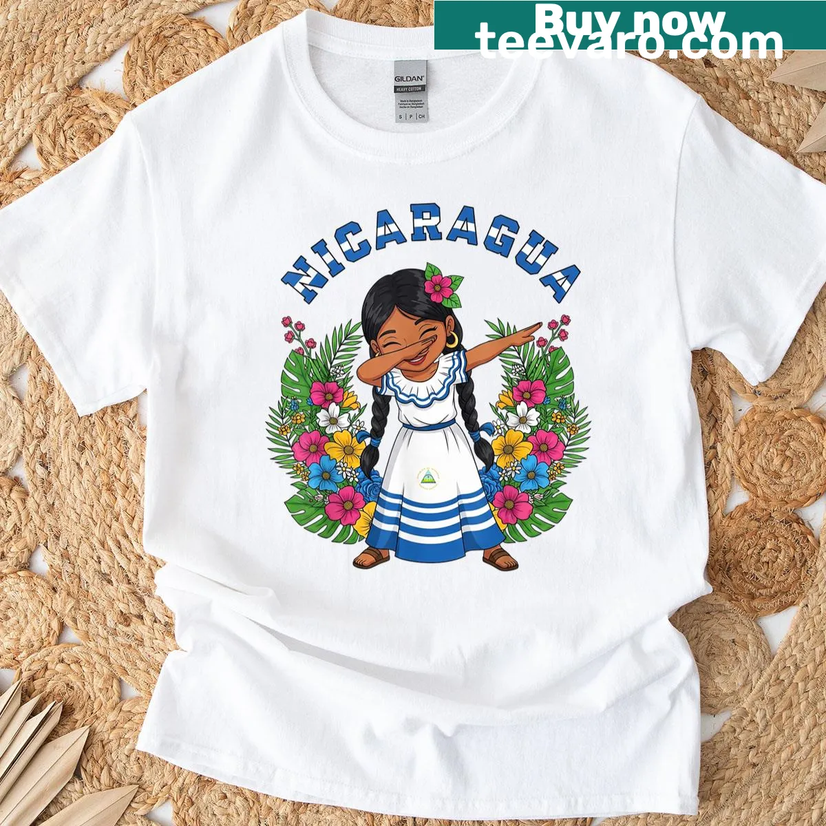 Illustration of Nicaraguan girl dabbing in traditional dress — on a men's t-shirt