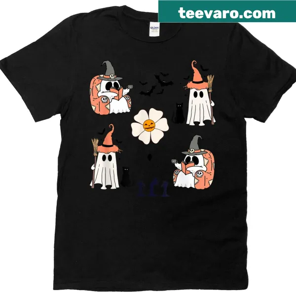 Adorable Halloween t-shirt with pumpkin, ghost, cat, and bats pattern