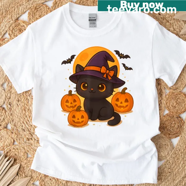 Cute retro black cat with pumpkin for Halloween on t-shirt