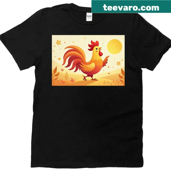 Cute T-shirt featuring a whimsical rooster graphic.