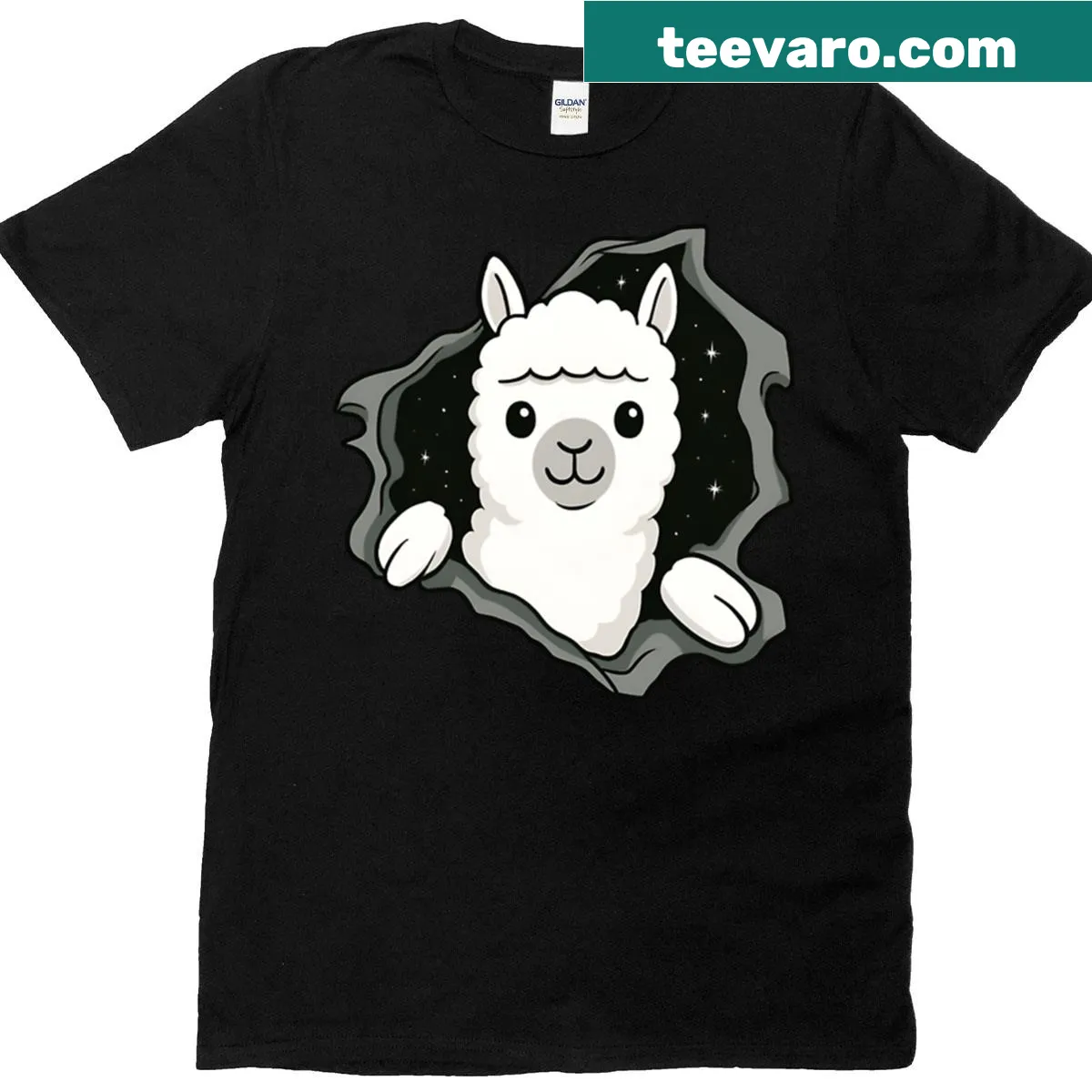Cute alpaca peeking from the galaxy stars on a T-shirt — on a men's t-shirt