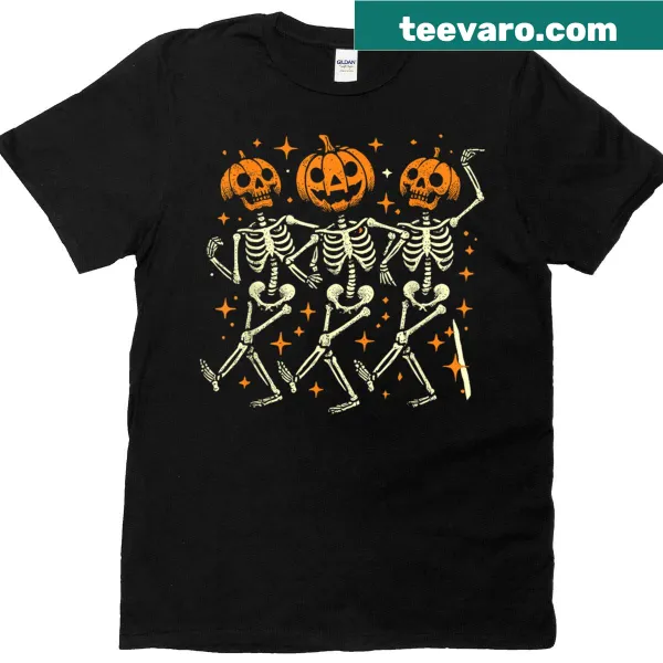 Pumpkin skeleton dancing graphic on a Halloween T-shirt for all