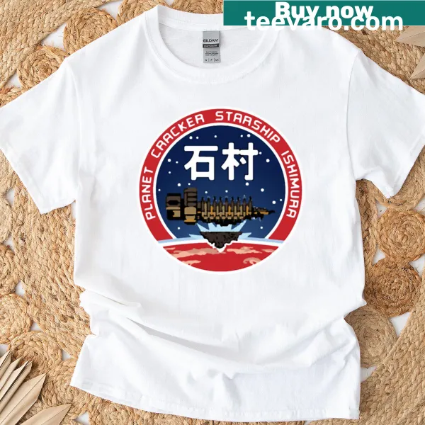 Ishimura Planet Cracker badge design on a clean t-shirt