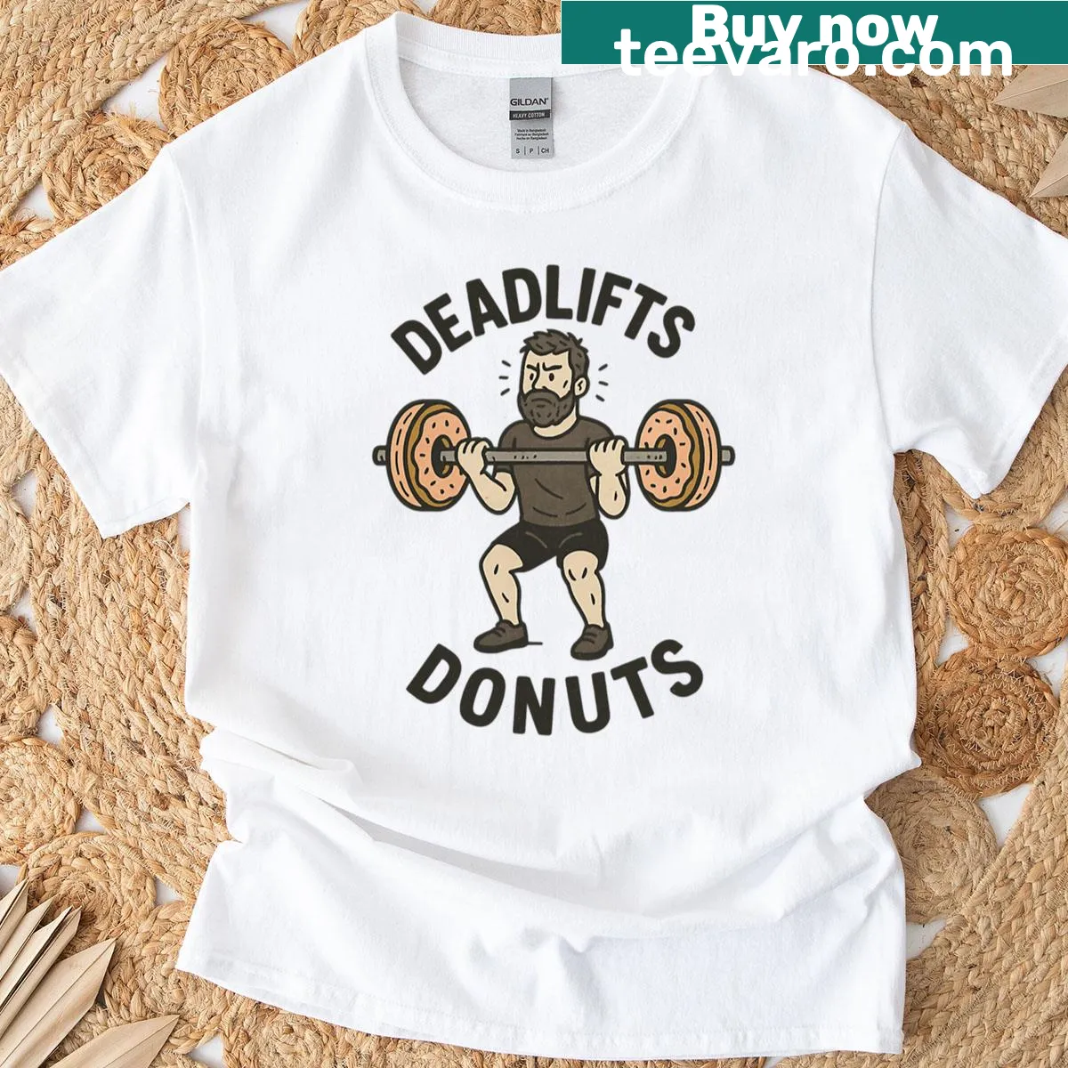 Funny gym t-shirt with deadlifts and donuts illustration — on a men's t-shirt