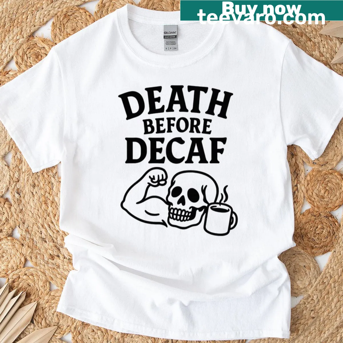 Skull graphic with 'Death Before Decaf' text on a t-shirt — on a men's t-shirt