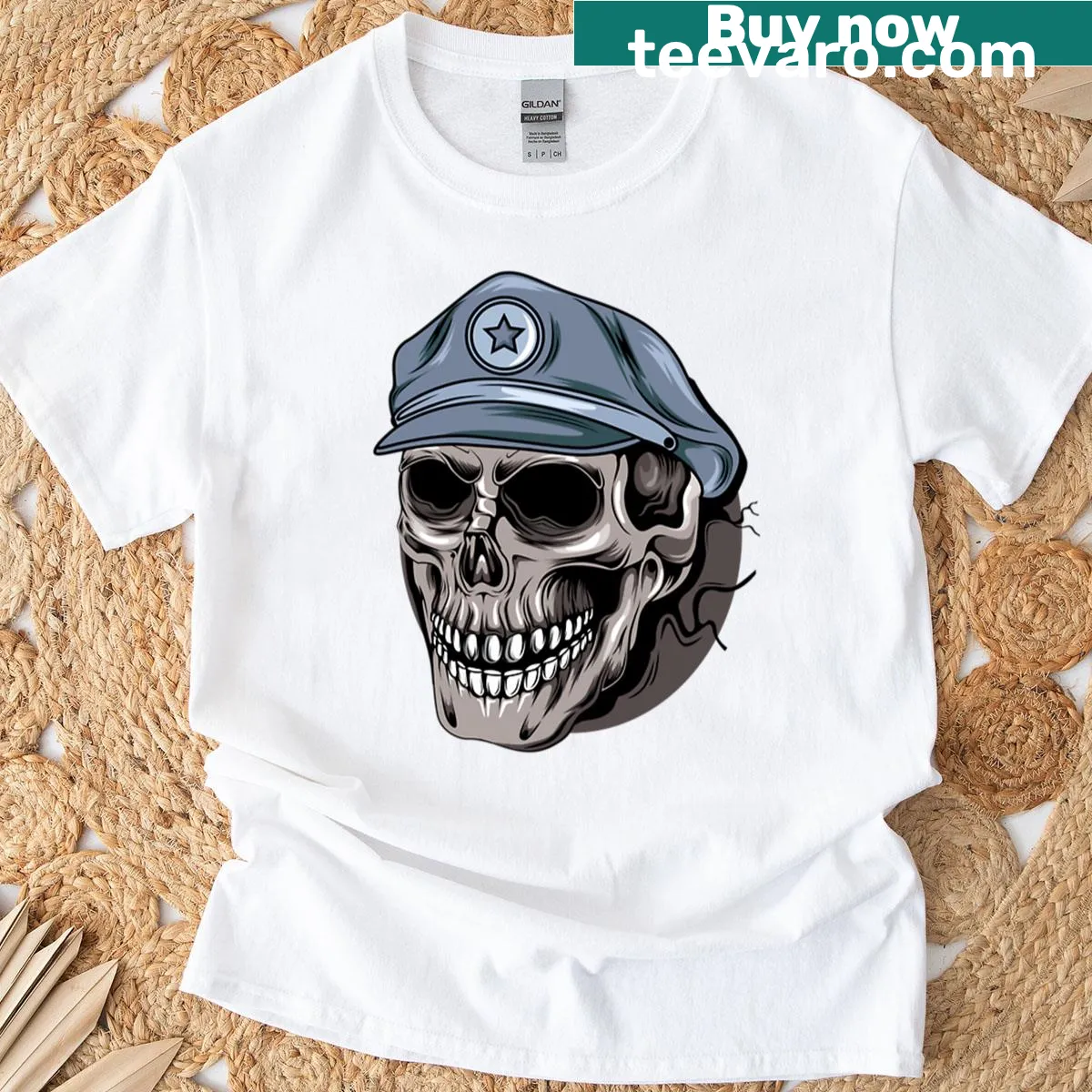 Demon skull with a star cap graphic on a t-shirt — on a men's t-shirt