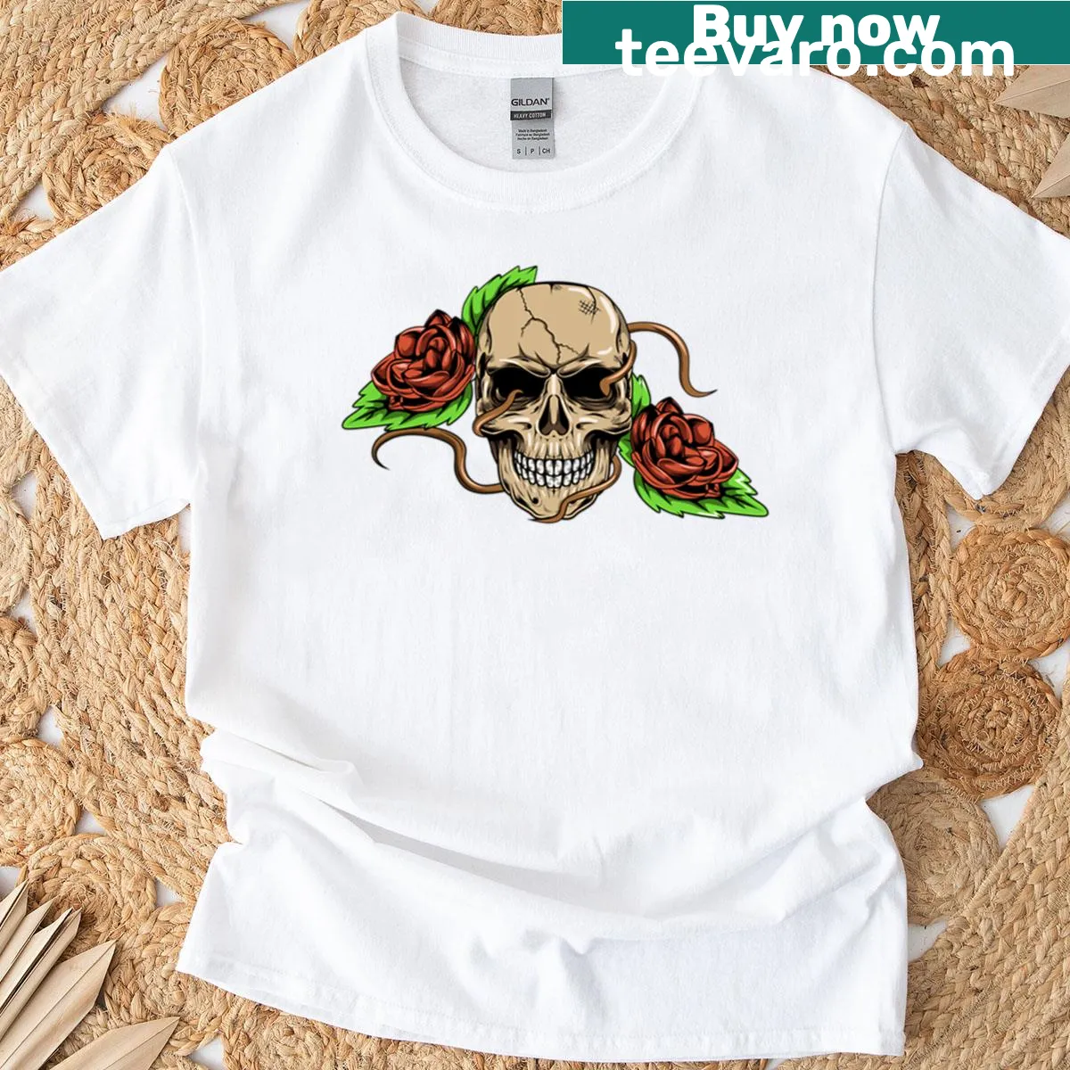 Demon skull with roses illustration on a T-shirt — on a men's t-shirt