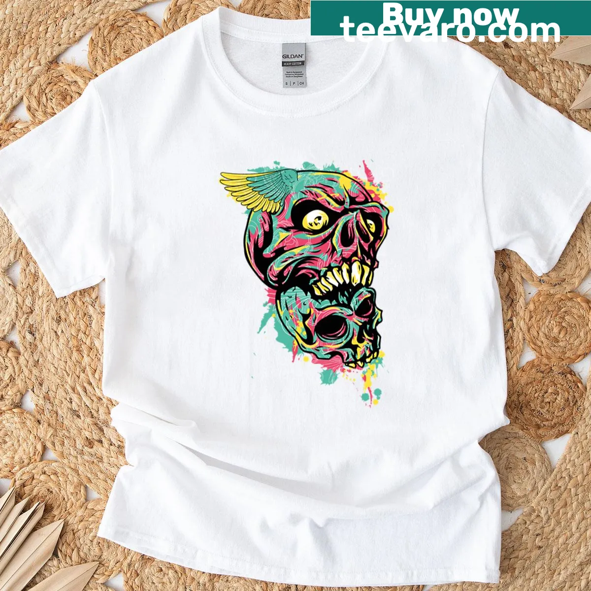 Halloween T-shirt with demon skulls and wings design — on a men's t-shirt