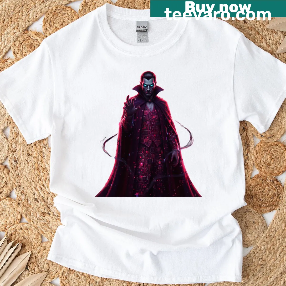 Edgy T-shirt with a glitched Dracula design and blood code elements — on a men's t-shirt