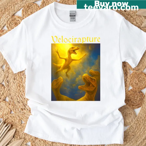Whimsical T-shirt with a velociraptor illustration