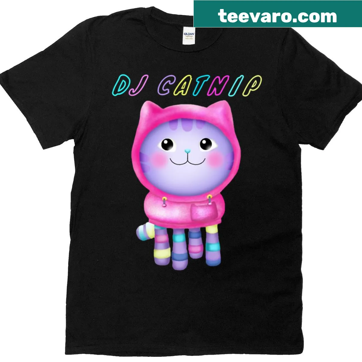 Playful DJ Catnip t-shirt with an illustration of a cat at turntables — on a men's t-shirt