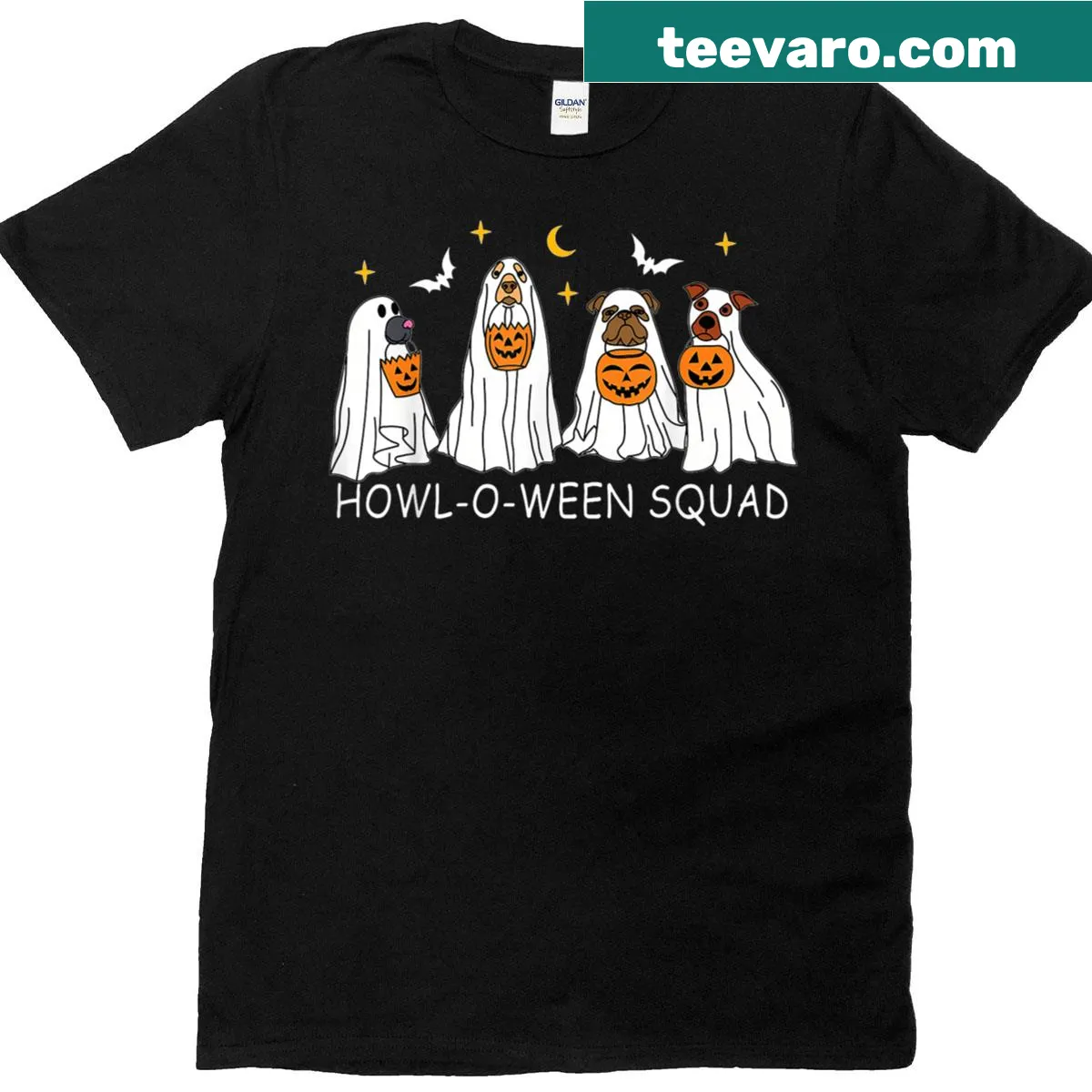 Cute cartoon dog dressed as a ghost on a women's Halloween T-shirt — on a men's t-shirt