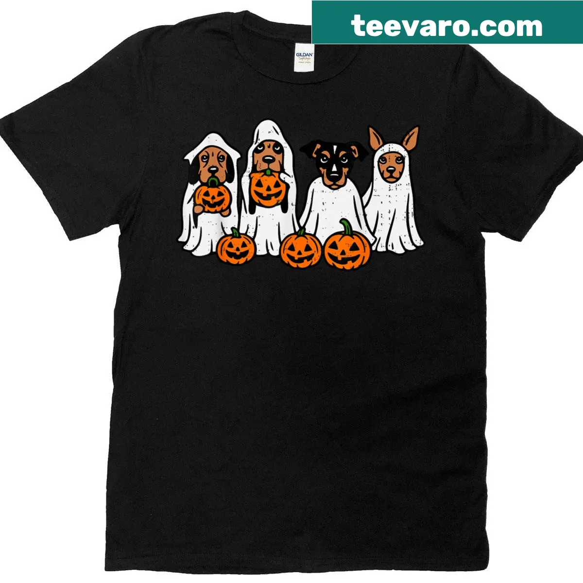 Halloween-themed T-shirt featuring a ghost dog in a pumpkin costume. — on a men's t-shirt